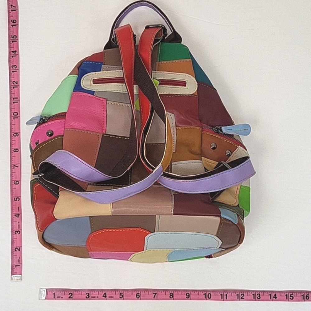Colorful Leather Patchwork Backpack Purse - image 4